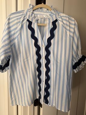 THML Light Blue & White Striped Blouse with Navy Wavy Trim